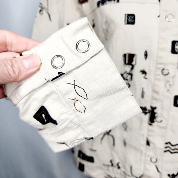 Chico's Design Vintage Tan Egyptian Hieroglyph  Fishing Print Jacket Size M - Picture 11 of 14